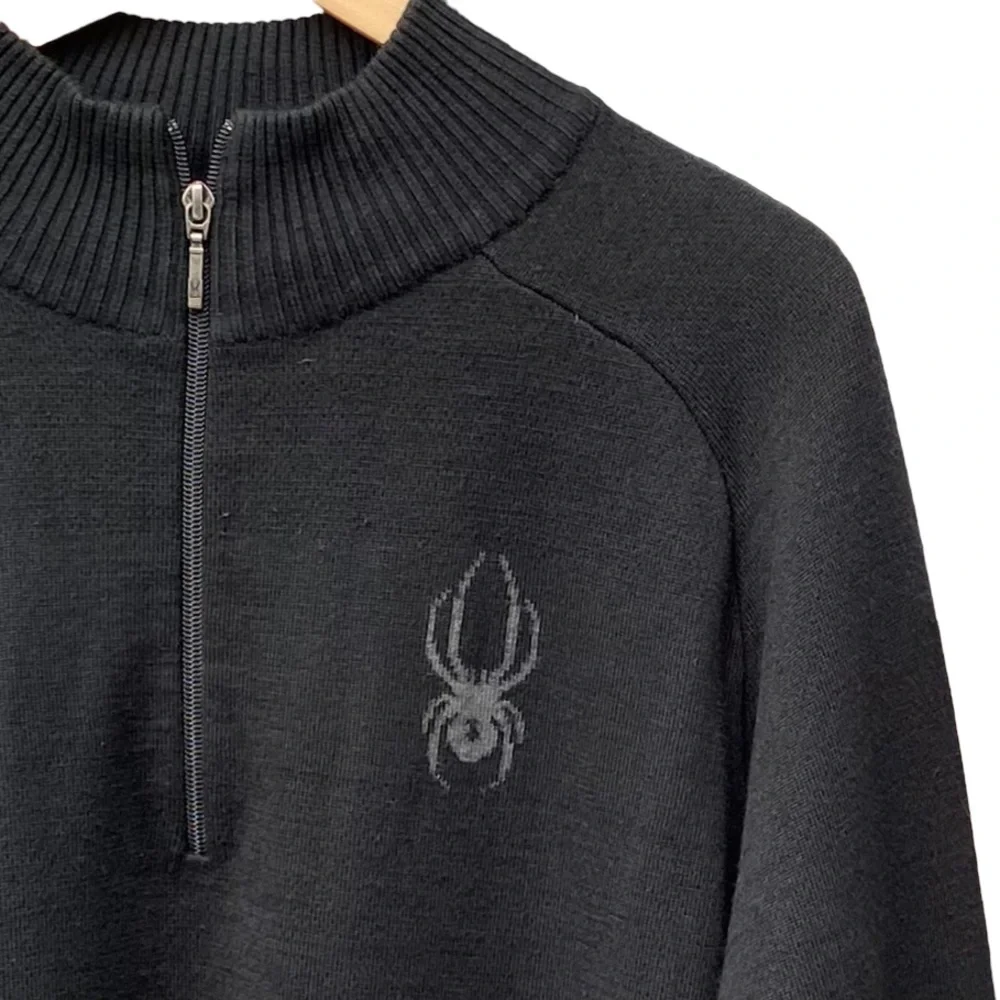 Spyder Sweater Men's Black Wool Blend 1/4 Zip Pullover Ribbed Size Large - Picture 2 of 8
